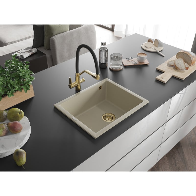 Mexen Pedro Granitspüle 1-becken 560 x 460 mm, beige, goldener Siphon - 6508561000-69-G