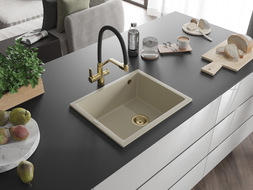Mexen Pedro Granitspüle 1-becken 560 x 460 mm, beige, goldener Siphon - 6508561000-69-G