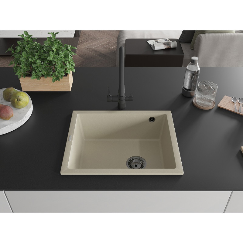 Mexen Pedro Einbauspüle aus Granit, 1 Becken, 560 x 460 mm, beige, schwarzer Siphon - 6508561000-69-B