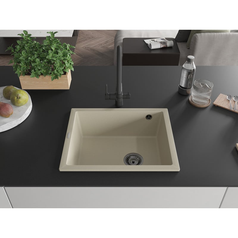 Mexen Pedro Granitspüle 1-beckig 560 x 460 mm, beige, schwarzer Siphon - 6508561000-69-B
