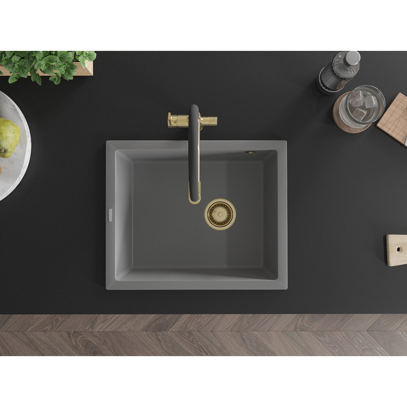 Mexen Pedro Granitspüle 1-Becken 560 x 460 mm, grau, goldener Siphon - 6508561000-71-G