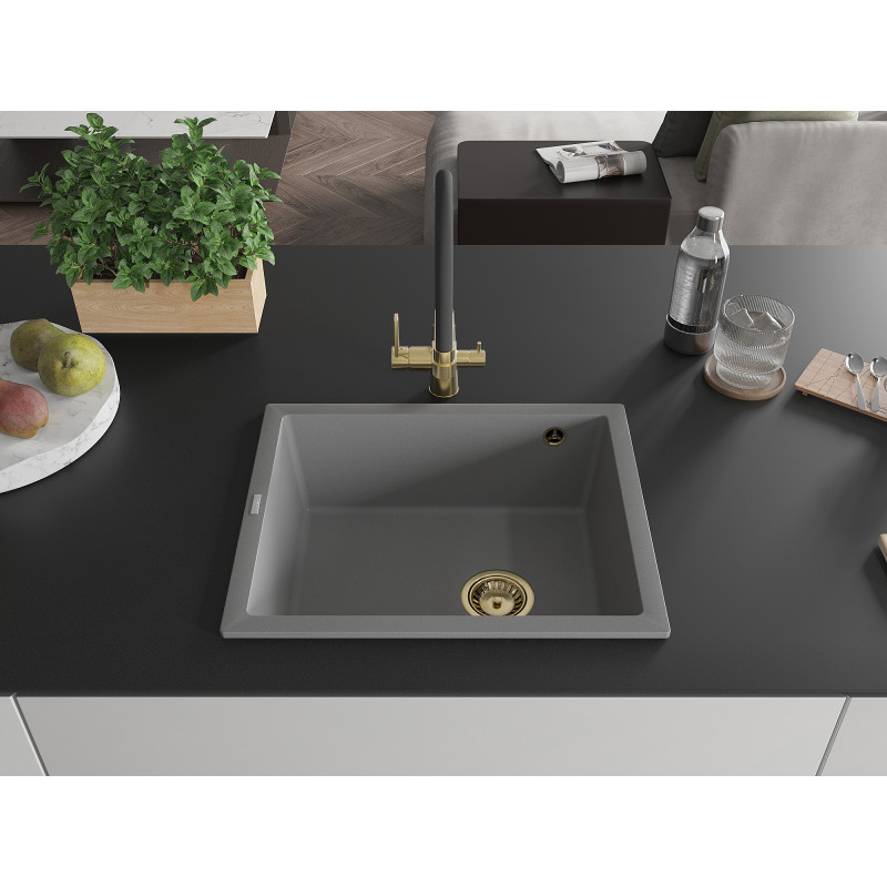 Mexen Pedro Granitspüle 1-Becken 560 x 460 mm, grau, goldener Siphon - 6508561000-71-G