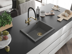 Mexen Pedro Granitspüle 1-Becken 560 x 460 mm, grau, goldener Siphon - 6508561000-71-G