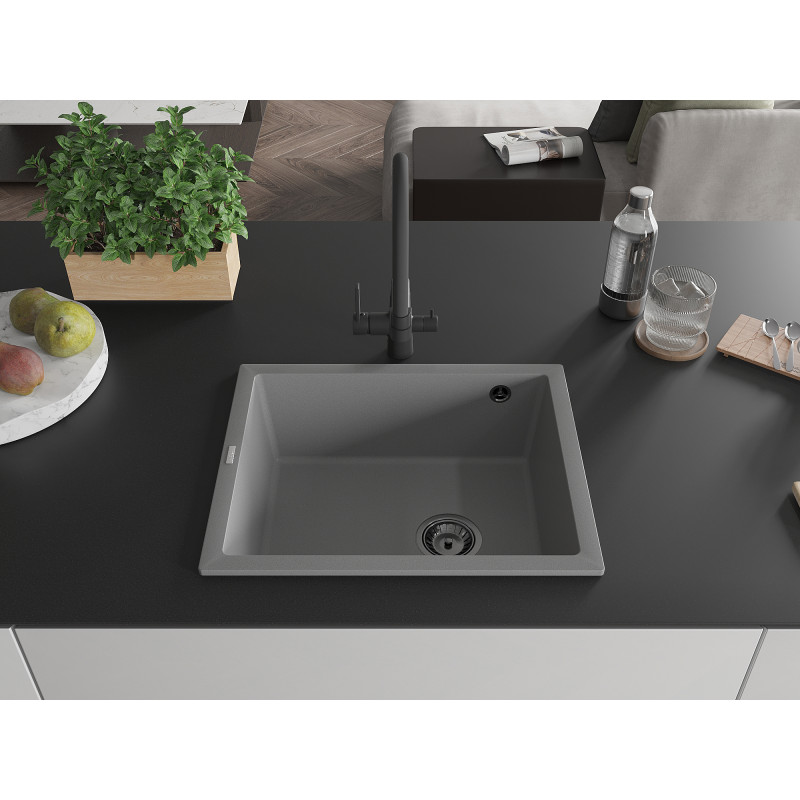 Mexen Pedro Granitspüle 1-Becken 560 x 460 mm, Grau, Schwarzer Siphon - 6508561000-71-B