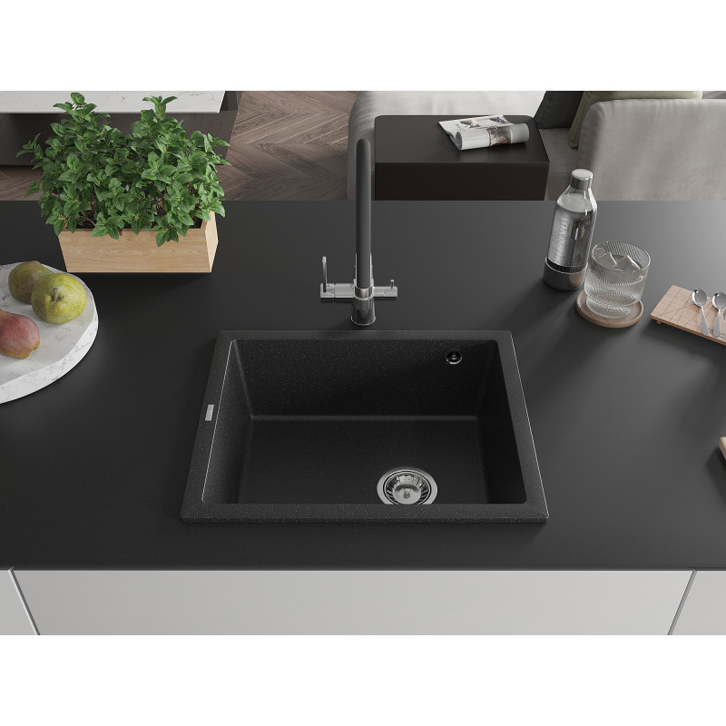 Mexen Pedro Granitspüle 1-becken 560 x 460 mm, schwarz/silber metallic, Chrom Siphon - 6508561000-73