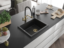 Mexen Pedro Granitspüle 1-Becken 560 x 460 mm, schwarz/silber metallic, Siphon gold - 6508561000-73-G