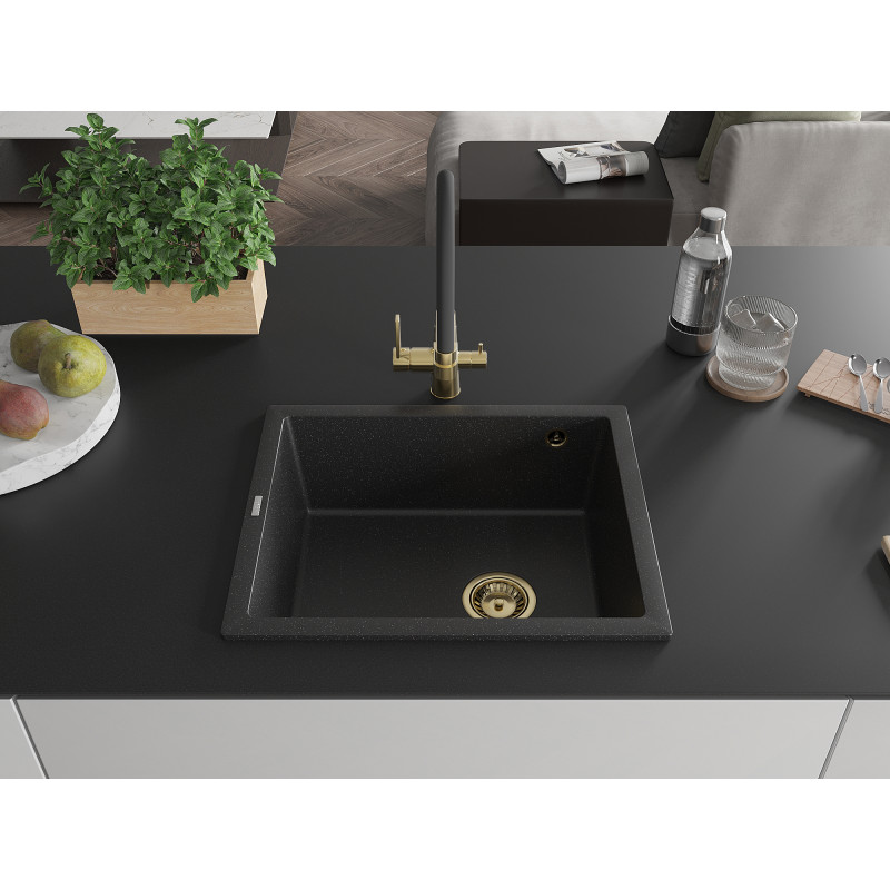 Mexen Pedro Granitspüle 1-Becken 560 x 460 mm, schwarz/silber metallic, Siphon gold - 6508561000-73-G
