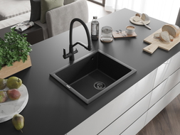 Mexen Pedro Granitspüle 1-Becken 560 x 460 mm, schwarz/silber metallic, schwarzer Siphon - 6508561000-73-B