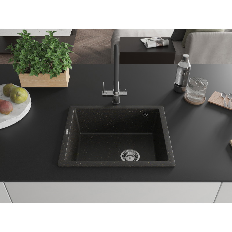 Mexen Pedro Granitspüle 1-beckig 560 x 460 mm, schwarz/gold metallisch, Siphon Chrom - 6508561000-75