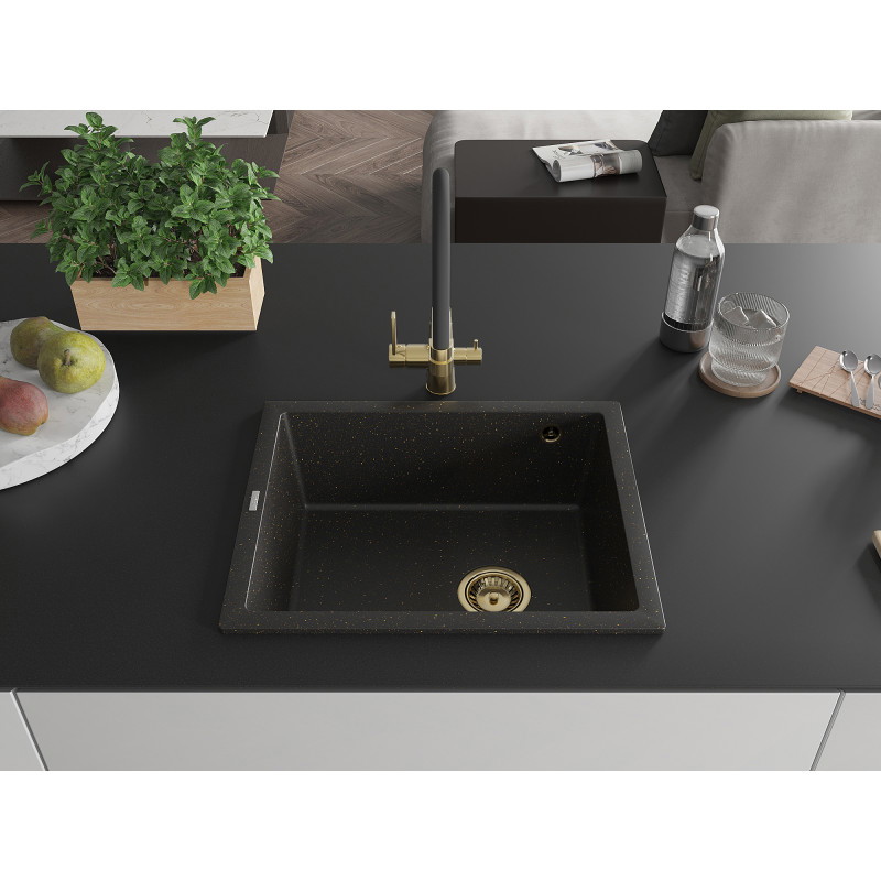 Mexen Pedro Granitspüle 1-beckig 560 x 460 mm, Schwarz/Gold Metallic, goldener Siphon - 6508561000-75-G