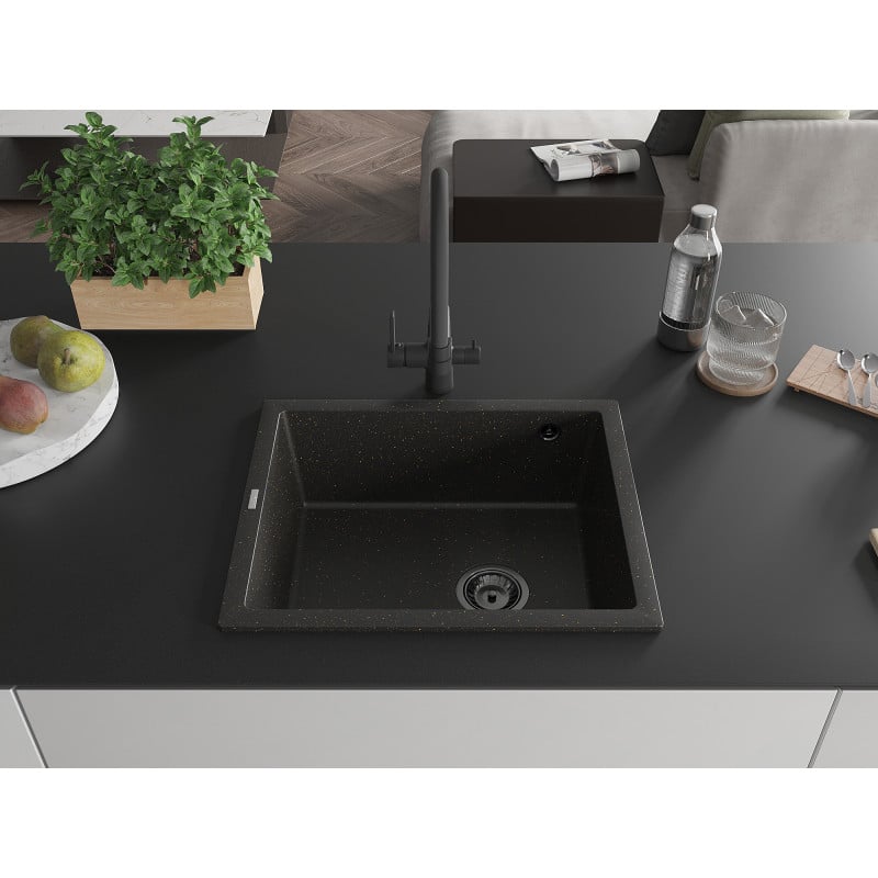 Mexen Pedro Granitspüle 1-Becken 560 x 460 mm, Schwarz/Gold Metallic, schwarzer Siphon - 6508561000-75-B