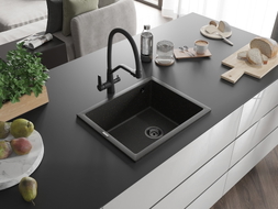 Mexen Pedro Granitspüle 1-Becken 560 x 460 mm, Schwarz/Gold Metallic, schwarzer Siphon - 6508561000-75-B