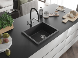Mexen Pedro Granitspüle 1-Becken 560 x 460 mm, schwarz gesprenkelt, Chrom-Siphon - 6508561000-76