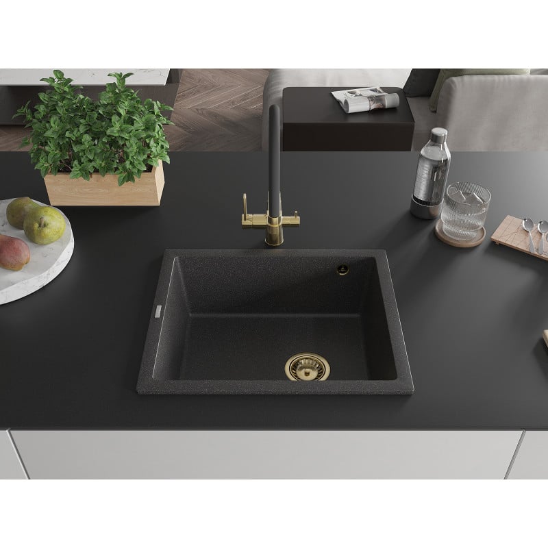 Mexen Pedro Granitspüle 1-Becken 560 x 460 mm, schwarz gesprenkelt, Siphon gold - 6508561000-76-G
