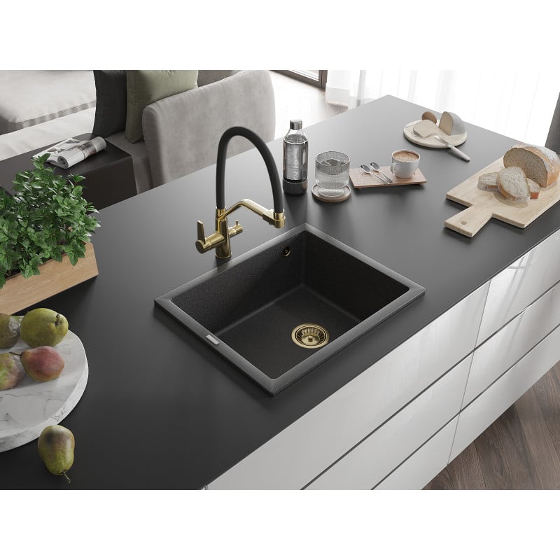 Mexen Pedro Granitspüle 1-Becken 560 x 460 mm, schwarz gesprenkelt, Siphon gold - 6508561000-76-G
