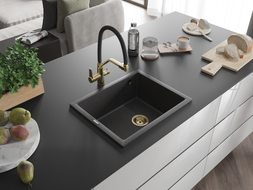 Mexen Pedro Granitspüle 1-Becken 560 x 460 mm, schwarz gesprenkelt, Siphon gold - 6508561000-76-G
