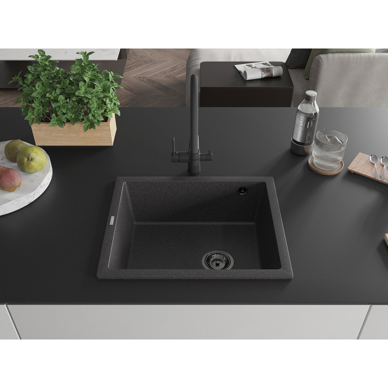 Mexen Pedro 1-Kammer-Granitspüle 560 x 460 mm, schwarz gesprenkelt, schwarzer Siphon - 6508561000-76-B