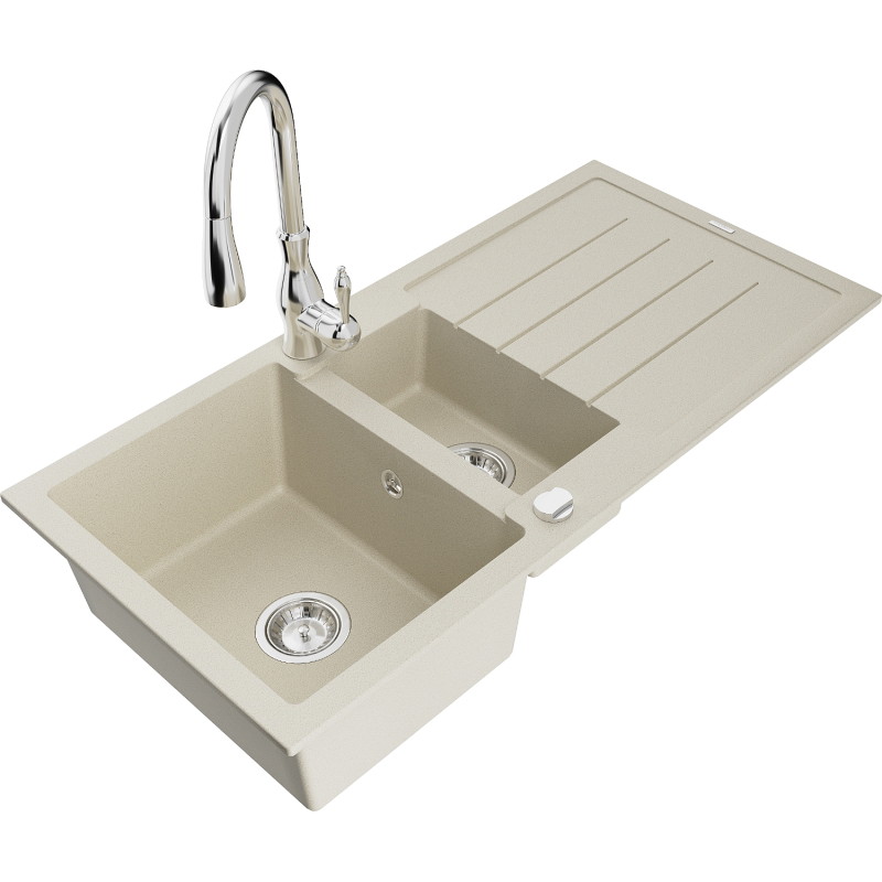 Mexen Andres granitspüle 1,5-becken mit abtropffläche und küchenarmatur Savita, beige - 6515-69-672601-00