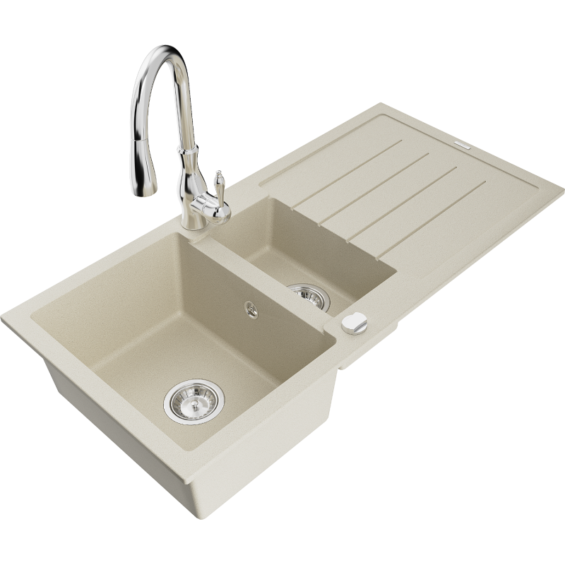 Mexen Andres Granitspüle 1,5-fach mit Abtropffläche und Küchenarmatur Savita, beige - 6515-69-672601-00