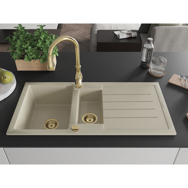 Mexen Andres Granitspüle 1,5-beckig mit Abtropffläche und Küchenarmatur Savita, beige - 6515-69-672601-50