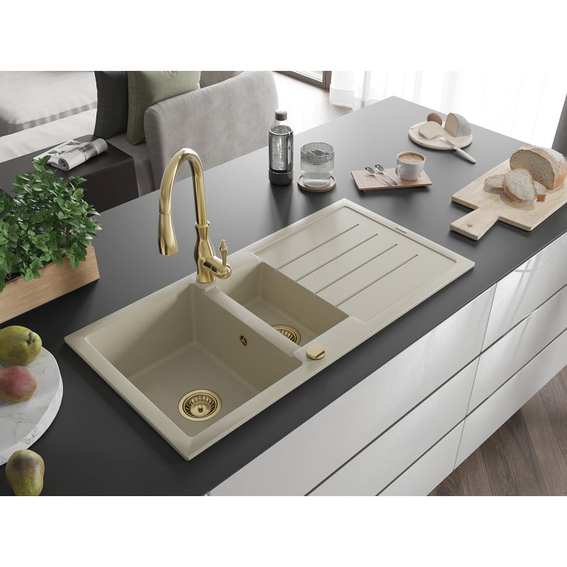 Mexen Andres Granitspüle 1,5-beckig mit Abtropffläche und Küchenarmatur Savita, beige - 6515-69-672601-50