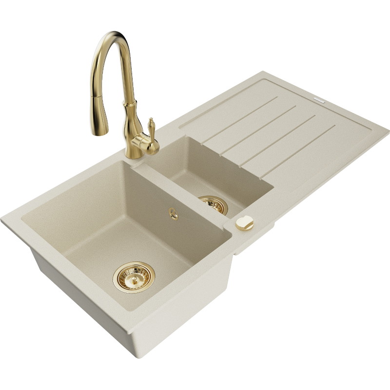 Mexen Andres 1,5-Kammer-Granispüle mit Abtropffläche und Küchenarmatur Savita, beige - 6515-69-672601-50