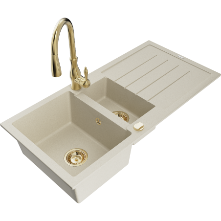 Mexen Andres Granitspüle 1,5-beckig mit Abtropffläche und Küchenarmatur Savita, beige - 6515-69-672601-50
