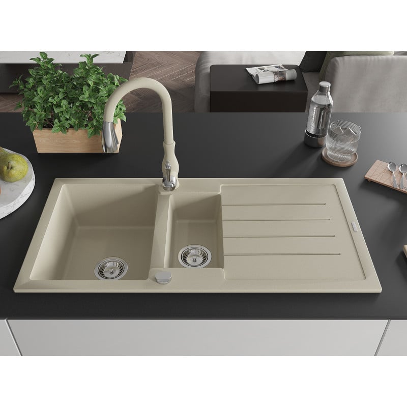 Mexen Andres Granitspüle 1,5-Schüssel mit Abtropffläche und Küchenarmatur Savita, beige - 6515-69-672601-69