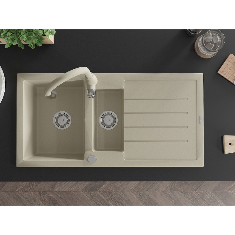 Mexen Andres Granitspüle 1,5-fach mit Abtropffläche und Küchenarmatur Savita, beige - 6515-69-672601-69