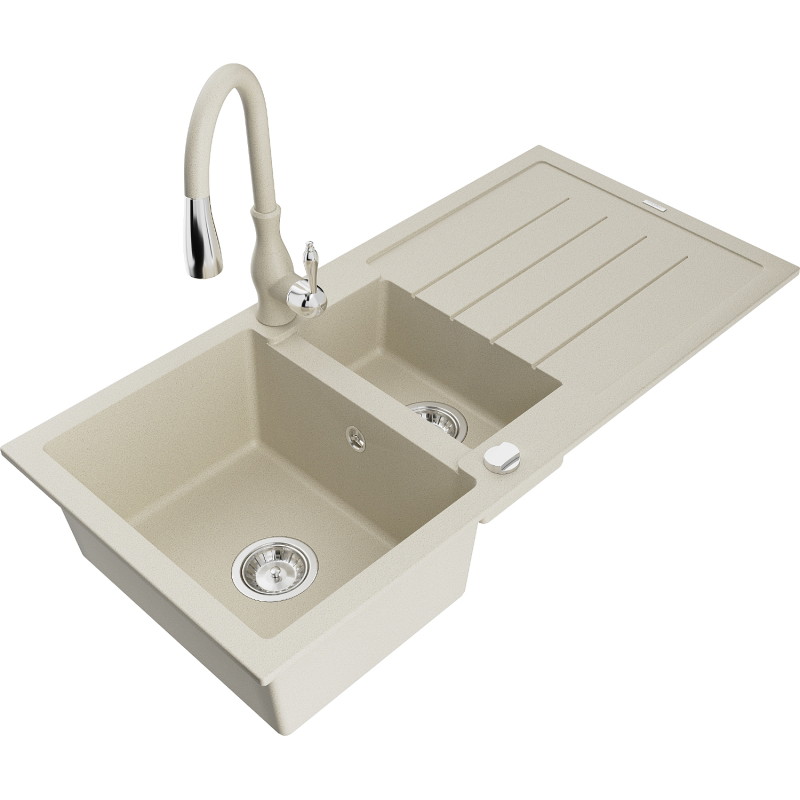 Mexen Andres Granitspüle 1,5-fach mit Abtropffläche und Küchenarmatur Savita, beige - 6515-69-672601-69