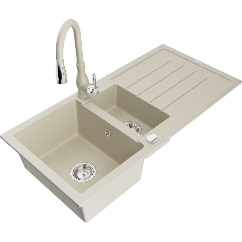 Mexen Andres Granitspüle 1,5-Schüssel mit Abtropffläche und Küchenarmatur Savita, beige - 6515-69-672601-69
