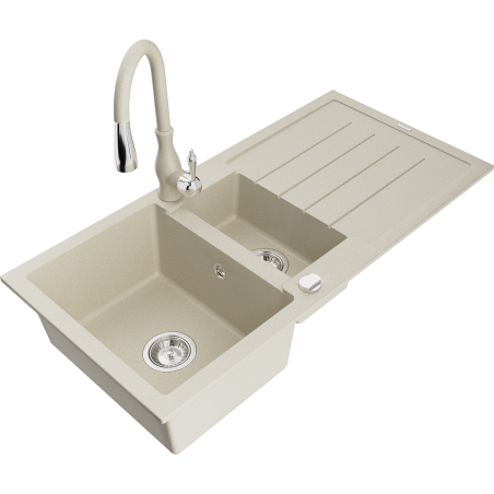 Mexen Andres Granitspüle 1,5-Schüssel mit Abtropffläche und Küchenarmatur Savita, beige - 6515-69-672601-69