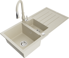 Mexen Andres Granitspüle 1,5-Becken mit Abtropffläche und Küchenarmatur Savita, beige - 6515-69-672601-69