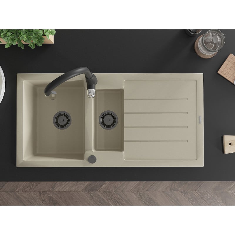 Mexen Andres Granitspüle 1,5-Becken mit Ablage und Küchenarmatur Savita, beige - 6515-69-672601-70