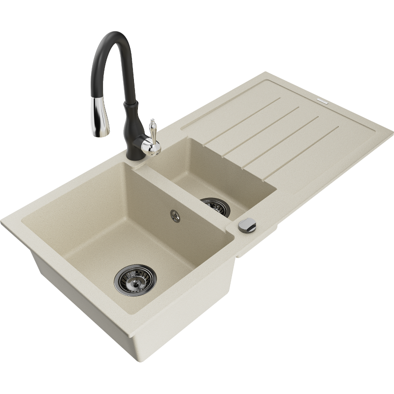 Mexen Andres Granitspüle 1,5-Becken mit Ablage und Küchenarmatur Savita, beige - 6515-69-672601-70