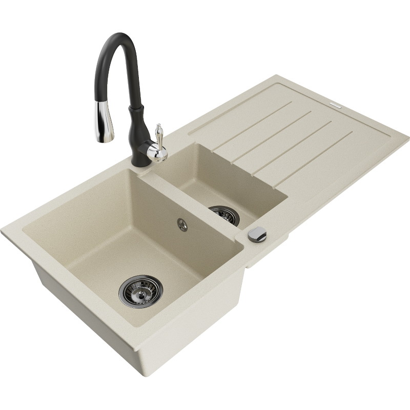 Mexen Andres Granitspüle 1,5-becken mit Abtropffläche und Küchenarmatur Savita, beige - 6515-69-672601-70