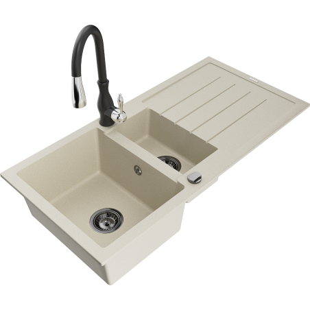 Mexen Andres Granitspüle 1,5-Becken mit Ablage und Küchenarmatur Savita, beige - 6515-69-672601-70