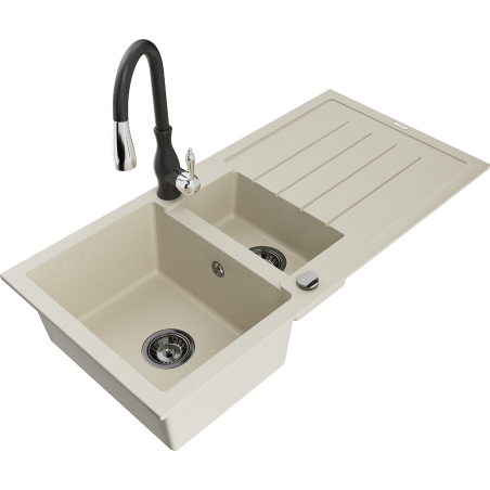 Mexen Andres Granitspüle 1,5-becken mit Abtropffläche und Küchenarmatur Savita, beige - 6515-69-672601-70