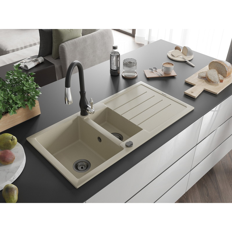 Mexen Andres Granitspüle 1,5-becken mit Abtropffläche und Küchenarmatur Savita, beige - 6515-69-672601-70