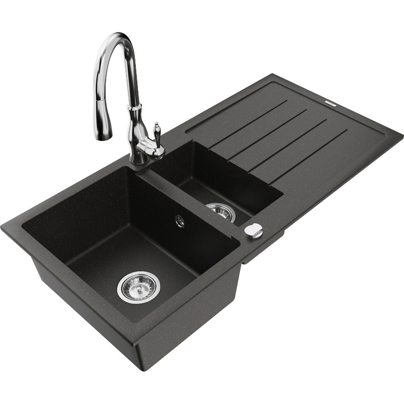 Mexen Andres Granitspüle 1,5-Becken mit Abtropffläche und Küchenarmatur Savita, schwarz/gold metallic - 6515-75-672601-00