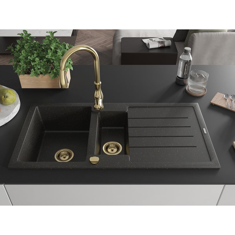 Mexen Andres Granitspüle 1,5-Kammer mit Abtropffläche und Küchenarmatur Savita, schwarz/gold metallic- 6515-75-672601-50