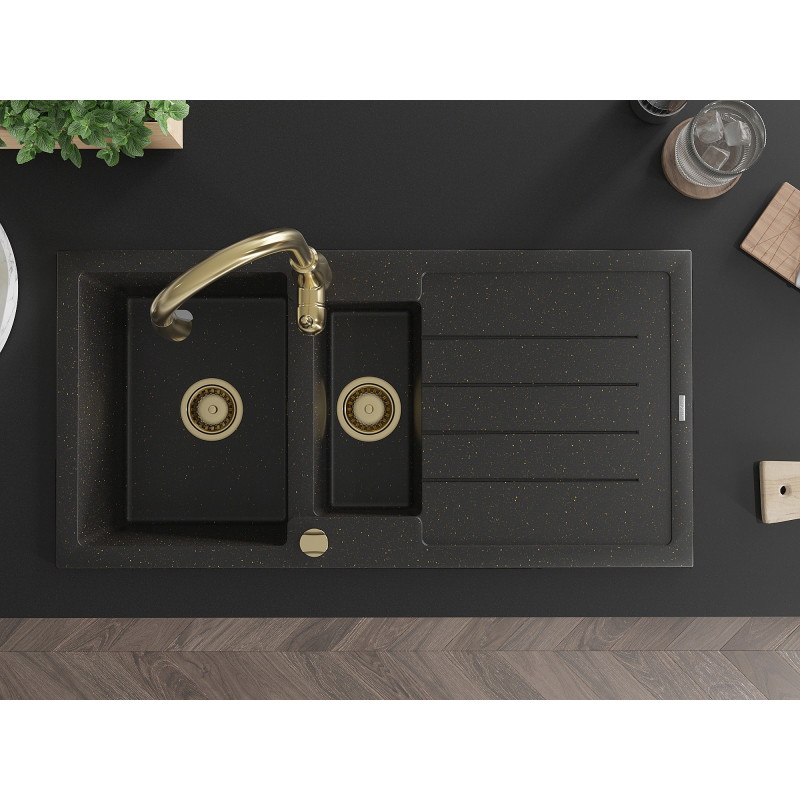 Mexen Andres granitspüle 1,5-beckig mit abtropfbereich und küchenarmatur Savita, schwarz/gold metallic - 6515-75-672601-50