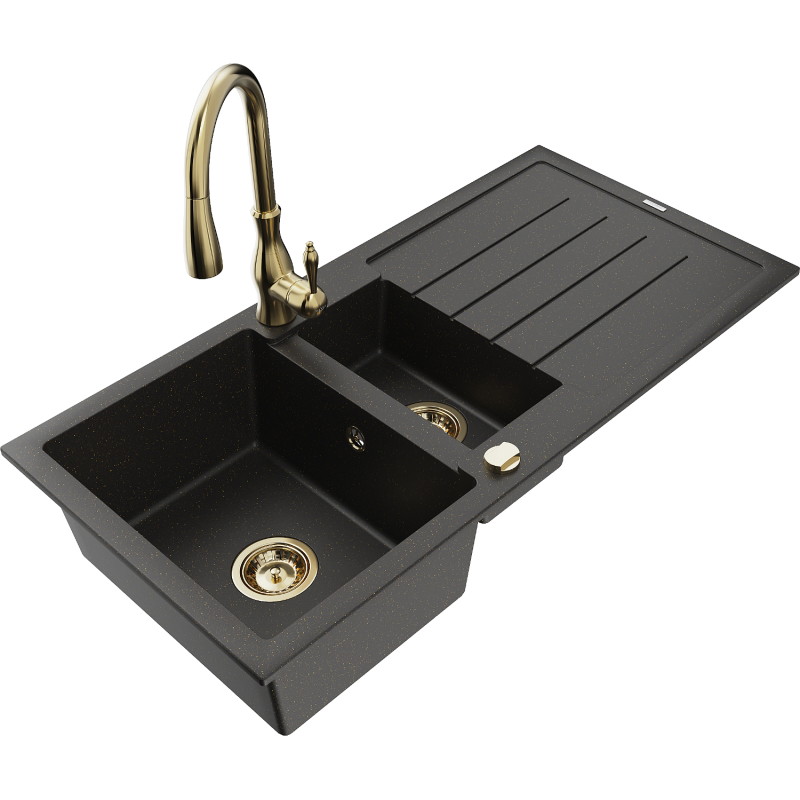 Mexen Andres granitspüle 1,5-beckig mit abtropfbereich und küchenarmatur Savita, schwarz/gold metallic - 6515-75-672601-50