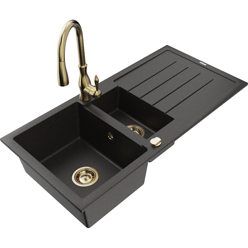 Mexen Andres Granitspüle 1,5-Kammer mit Abtropffläche und Küchenarmatur Savita, schwarz/gold metallic- 6515-75-672601-50
