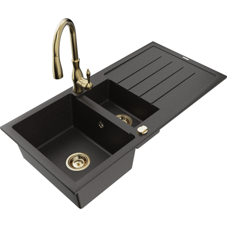 Mexen Andres Granitspüle 1,5-Kammer mit Abtropffläche und Küchenarmatur Savita, schwarz/gold metallic- 6515-75-672601-50