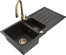 Mexen Andres granitspüle 1,5-beckig mit abtropfbereich und küchenarmatur Savita, schwarz/gold metallic - 6515-75-672601-50