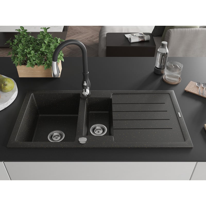 Mexen Andres Granitspüle 1,5-becken mit Abtropffläche und Küchenarmatur Savita, schwarz/gold metallic - 6515-75-672601-70