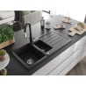 Mexen Andres Granitspüle 1,5-becken mit Abtropffläche und Küchenarmatur Savita, schwarz/gold metallic - 6515-75-672601-70