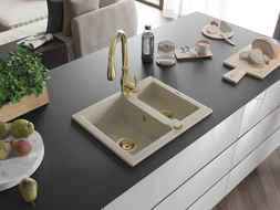Mexen Carlos granit Spüle 1,5-Becken mit Küchenarmatur Savita, beige - 6518-69-672601-50