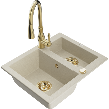 Mexen Carlos Granitspüle 1,5-beckig mit Küchenarmatur Savita, beige - 6518-69-672601-50